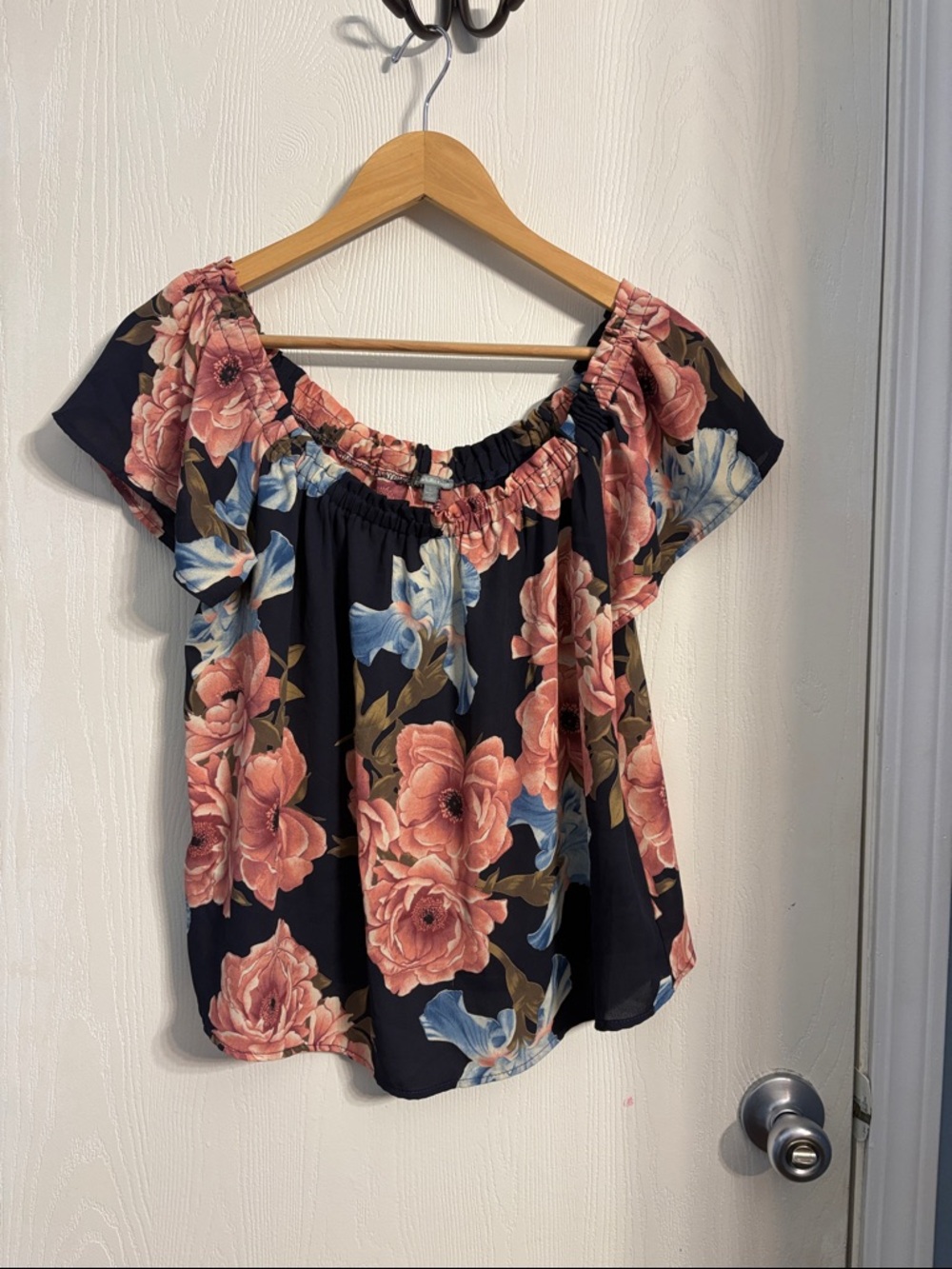 Charlotte Russe Navy Floral Off-Shoulder Top with Coral and Light Blue Blooms